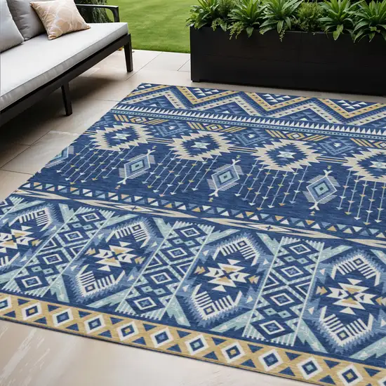 Navy Blue Beige And Ivory Aztec Washable Indoor Outdoor Area Rug Photo 2