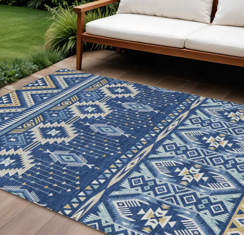 Navy Blue Beige And Ivory Aztec Washable Indoor Outdoor Area Rug Photo 2