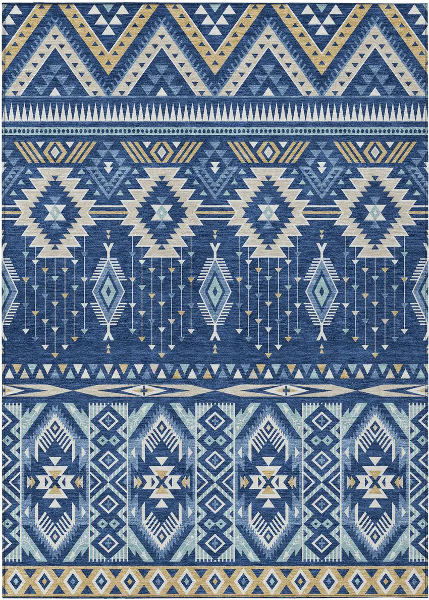 Navy Blue Beige And Ivory Aztec Washable Indoor Outdoor Area Rug Photo 8