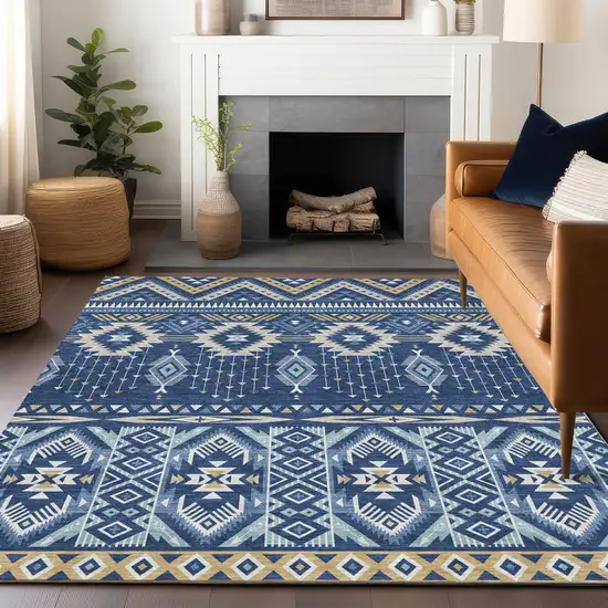 Navy Blue Beige And Ivory Aztec Washable Indoor Outdoor Area Rug Photo 5