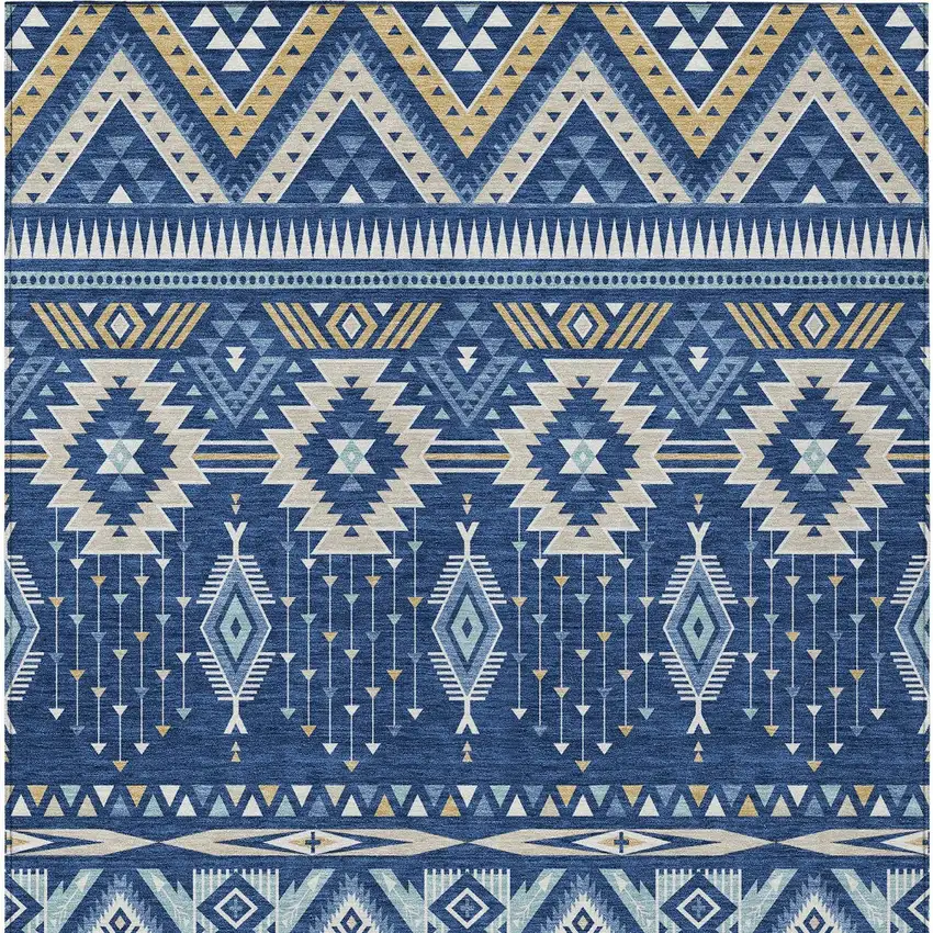 Navy Blue Beige And Ivory Aztec Washable Indoor Outdoor Area Rug Photo 9