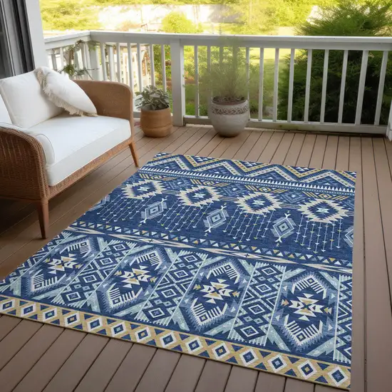 Navy Blue Beige And Ivory Aztec Washable Indoor Outdoor Area Rug Photo 4