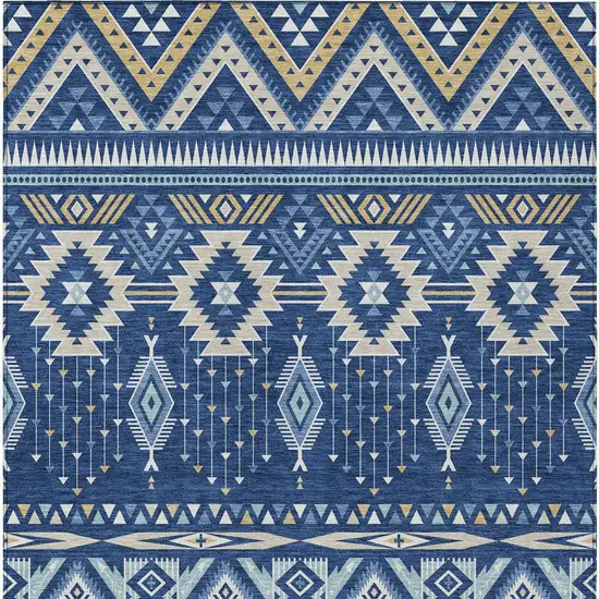 Navy Blue Beige And Ivory Aztec Washable Indoor Outdoor Area Rug Photo 9