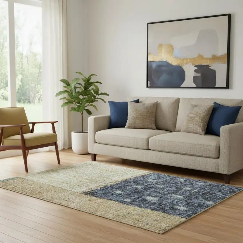 Navy Blue Beige And Ivory Geometric Washable Area Rug With UV Protection Photo 2