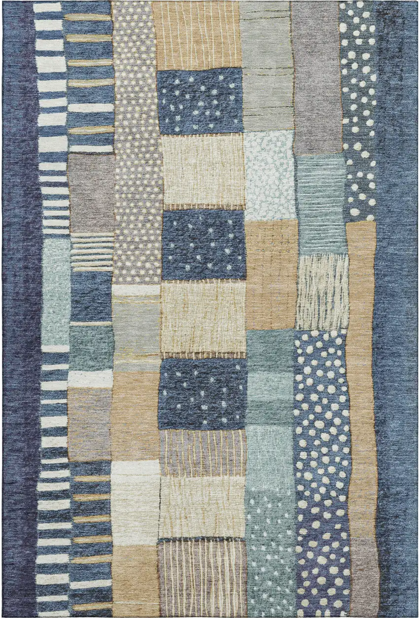 Navy Blue Beige And Ivory Geometric Washable Area Rug With UV Protection Photo 7