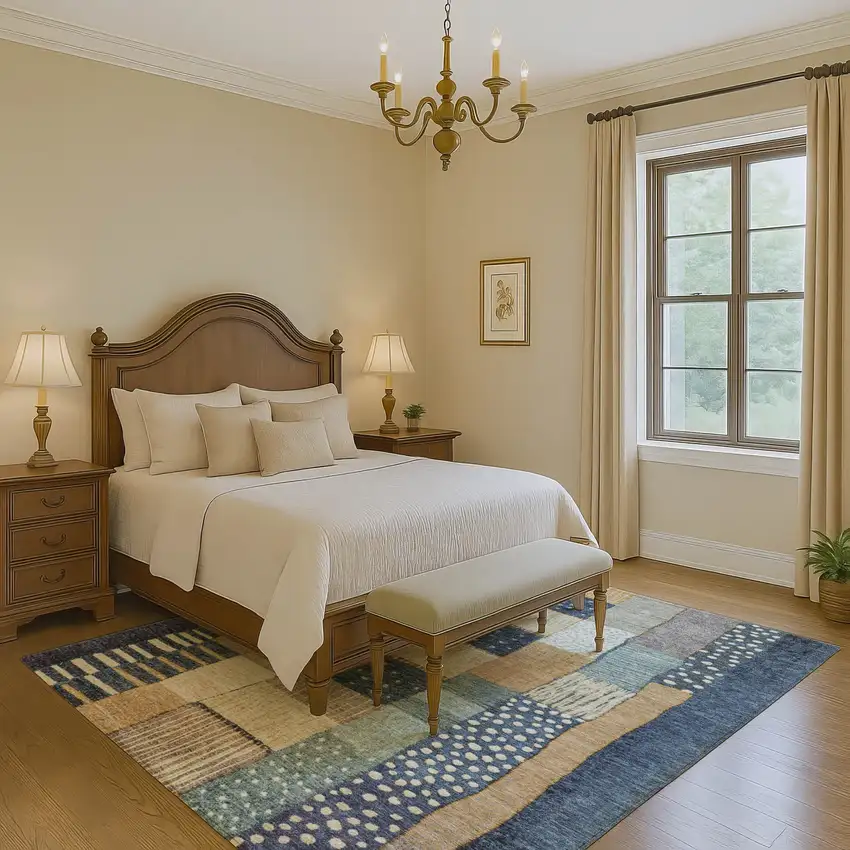 Navy Blue Beige And Ivory Geometric Washable Area Rug With UV Protection Photo 6