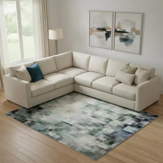 Navy Blue Beige And Ivory Geometric Washable Area Rug With UV Protection Photo 2