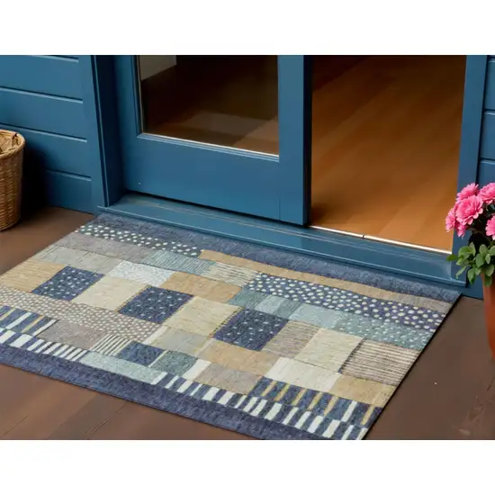 Navy Blue Beige And Ivory Geometric Washable Indoor Outdoor Area Rug Photo 2
