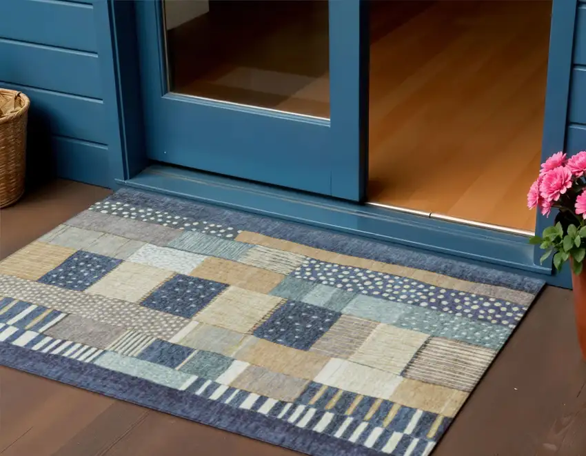 Navy Blue Beige And Ivory Geometric Washable Indoor Outdoor Area Rug Photo 2