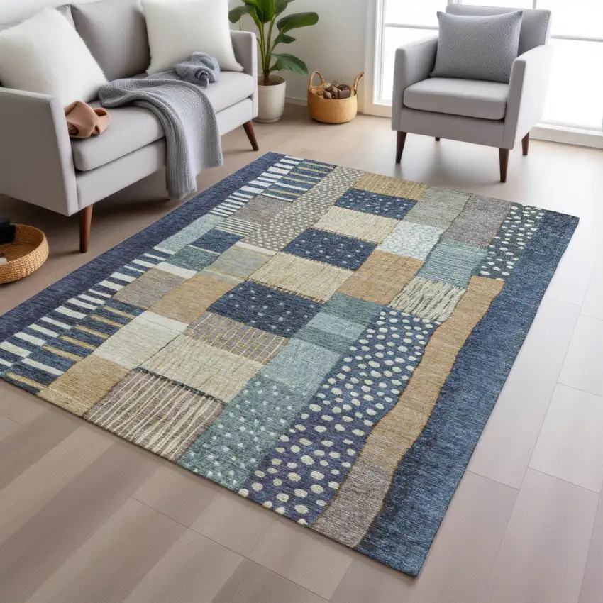 Navy Blue Beige And Ivory Geometric Washable Indoor Outdoor Area Rug Photo 5