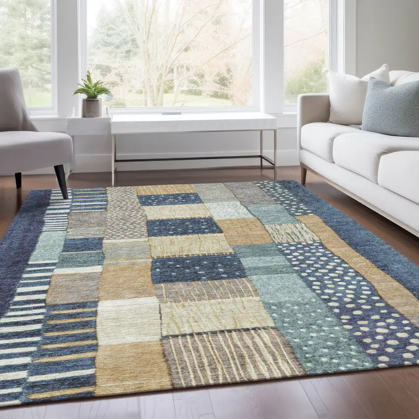 Navy Blue Beige And Ivory Geometric Washable Indoor Outdoor Area Rug Photo 6