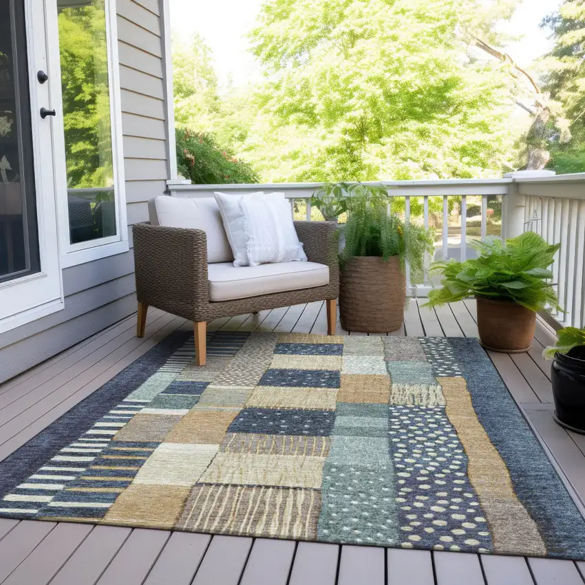 Navy Blue Beige And Ivory Geometric Washable Indoor Outdoor Area Rug Photo 7