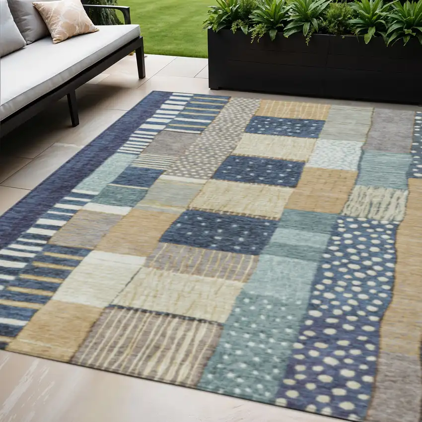 Navy Blue Beige And Ivory Geometric Washable Indoor Outdoor Area Rug Photo 2