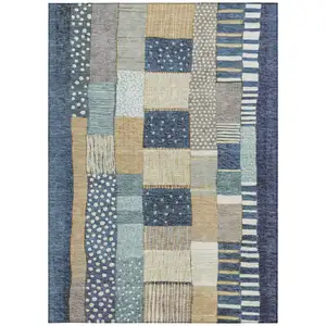Photo of Navy Blue Beige And Ivory Geometric Washable Indoor Outdoor Area Rug
