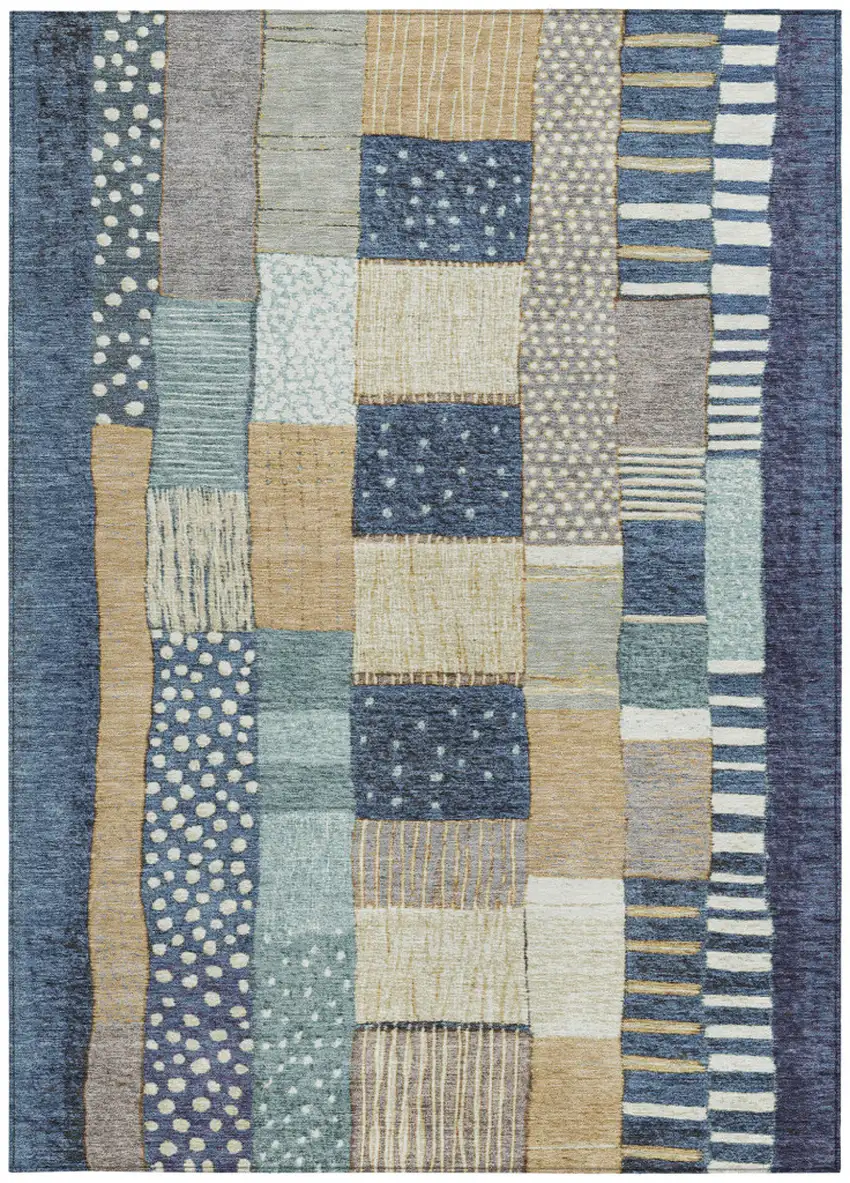 Navy Blue Beige And Ivory Geometric Washable Indoor Outdoor Area Rug Photo 1