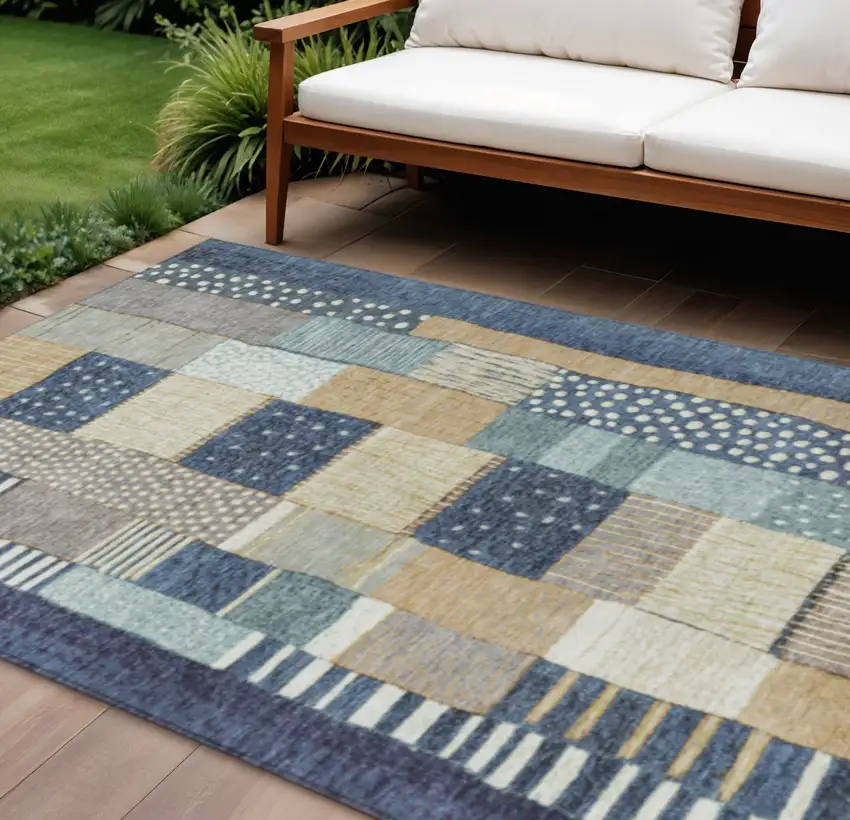 Navy Blue Beige And Ivory Geometric Washable Indoor Outdoor Area Rug Photo 2