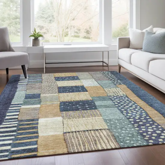 Navy Blue Beige And Ivory Geometric Washable Indoor Outdoor Area Rug Photo 6