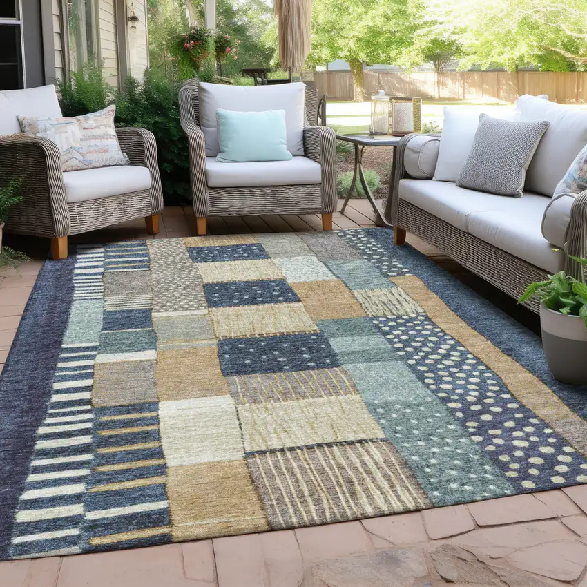 Navy Blue Beige And Ivory Geometric Washable Indoor Outdoor Area Rug Photo 5