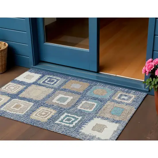 Navy Blue Beige And Ivory Geometric Washable Indoor Outdoor Area Rug Photo 2
