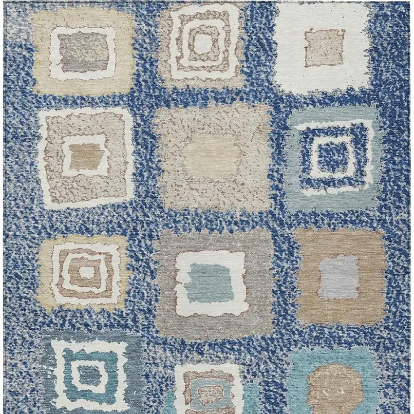 Navy Blue Beige And Ivory Geometric Washable Indoor Outdoor Area Rug Photo 6