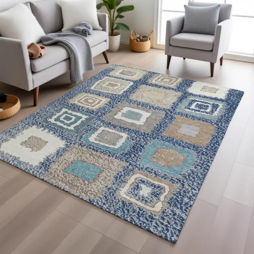 Navy Blue Beige And Ivory Geometric Washable Indoor Outdoor Area Rug Photo 6