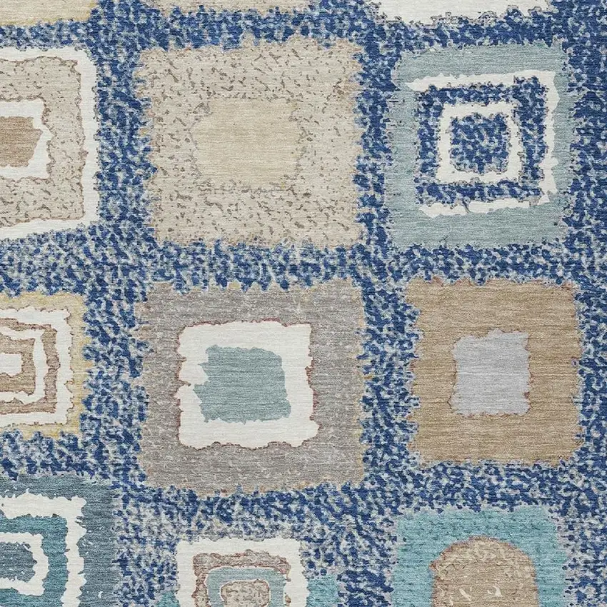 Navy Blue Beige And Ivory Geometric Washable Indoor Outdoor Area Rug Photo 3