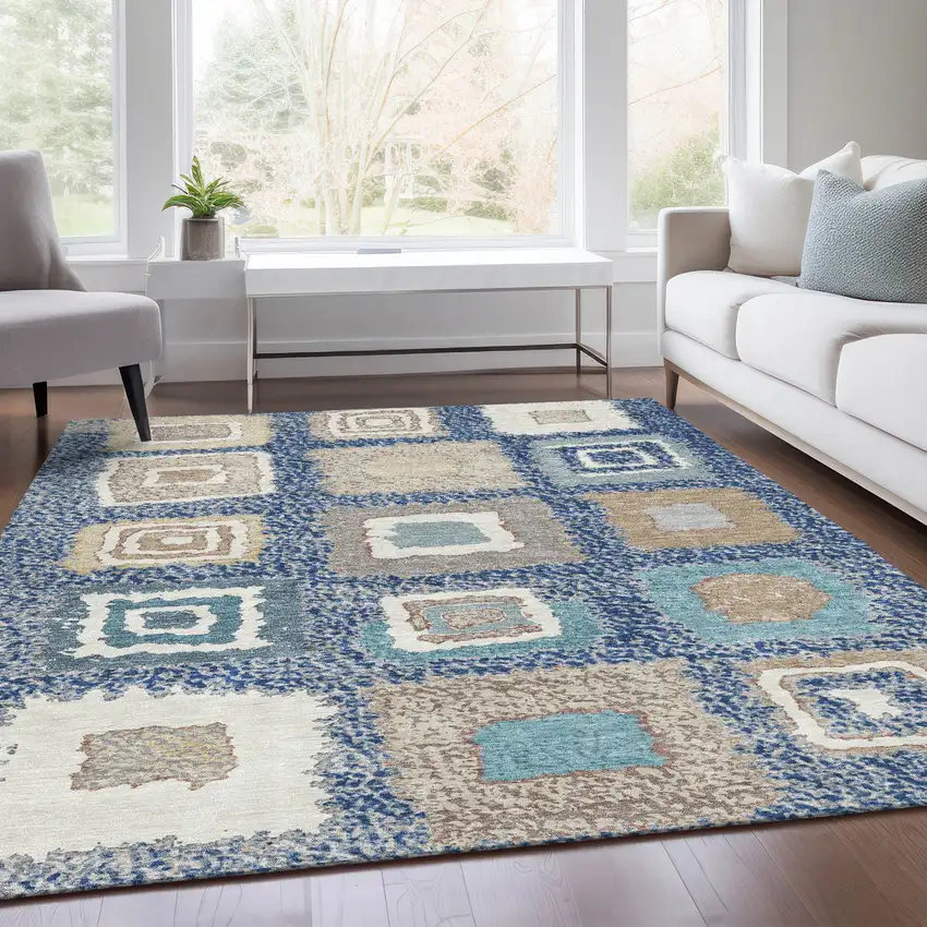 Navy Blue Beige And Ivory Geometric Washable Indoor Outdoor Area Rug Photo 7