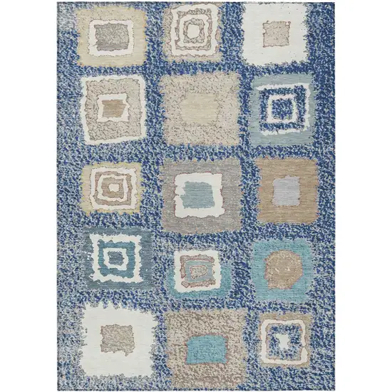 Navy Blue Beige And Ivory Geometric Washable Indoor Outdoor Area Rug Photo 1