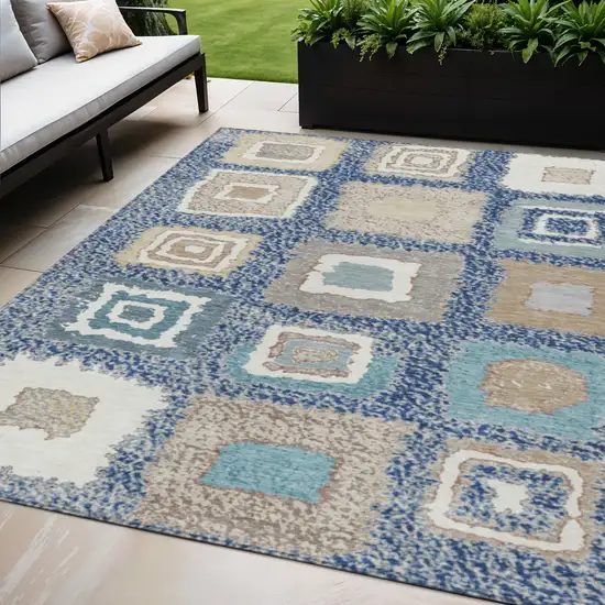 Navy Blue Beige And Ivory Geometric Washable Indoor Outdoor Area Rug Photo 2