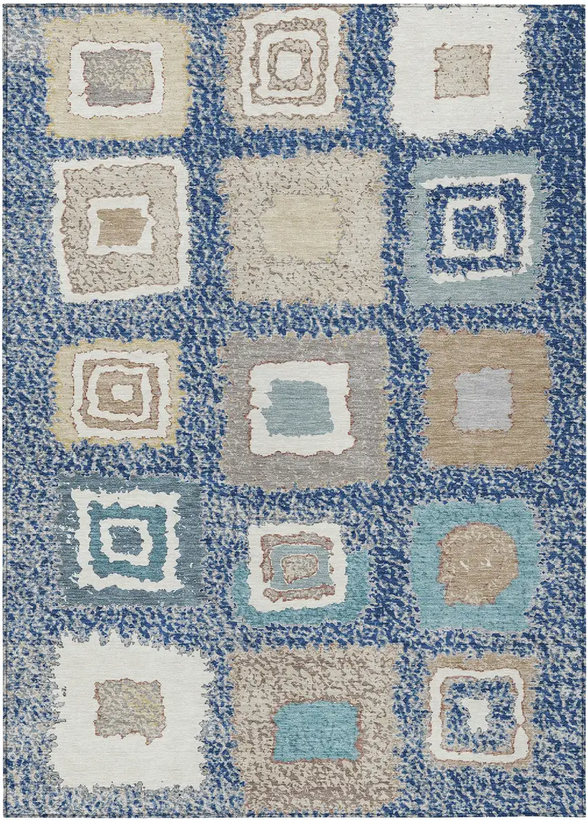 Navy Blue Beige And Ivory Geometric Washable Indoor Outdoor Area Rug Photo 1