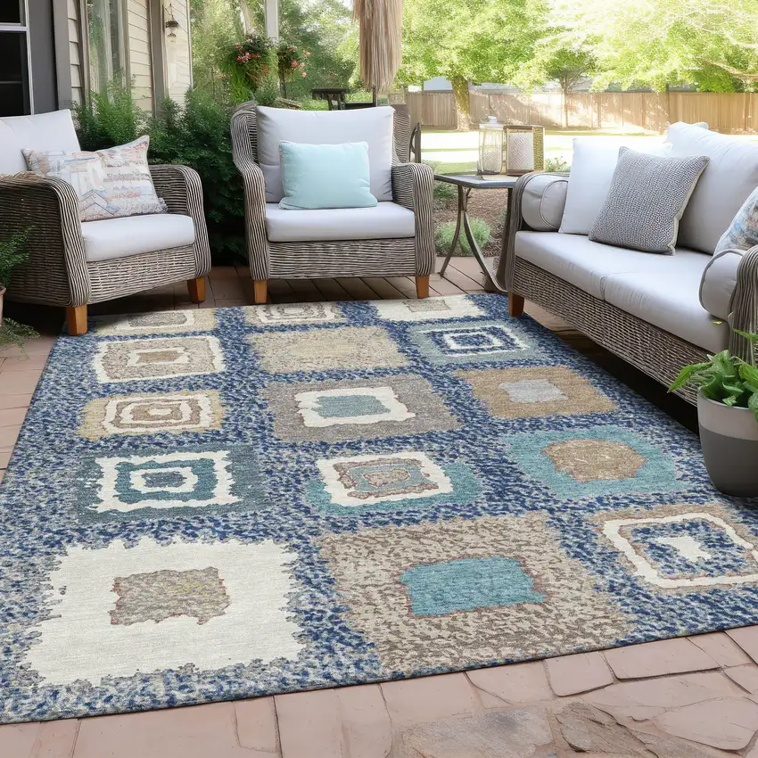 Navy Blue Beige And Ivory Geometric Washable Indoor Outdoor Area Rug Photo 5