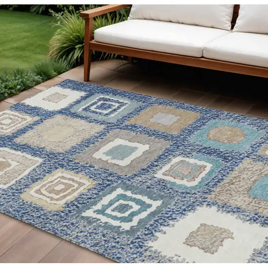 Navy Blue Beige And Ivory Geometric Washable Indoor Outdoor Area Rug Photo 2