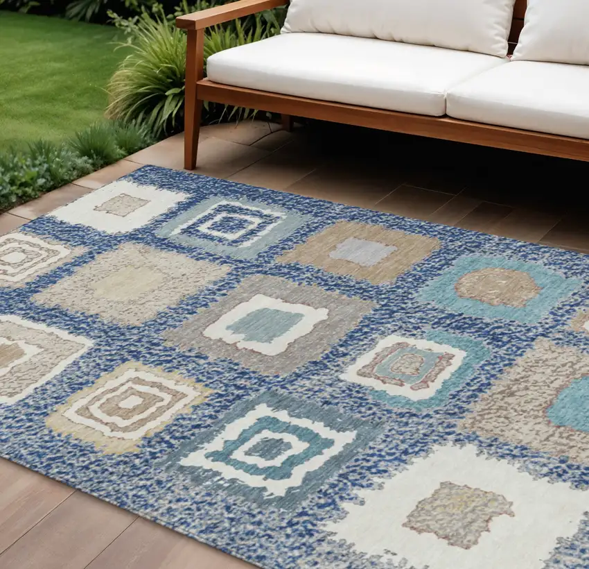 Navy Blue Beige And Ivory Geometric Washable Indoor Outdoor Area Rug Photo 2