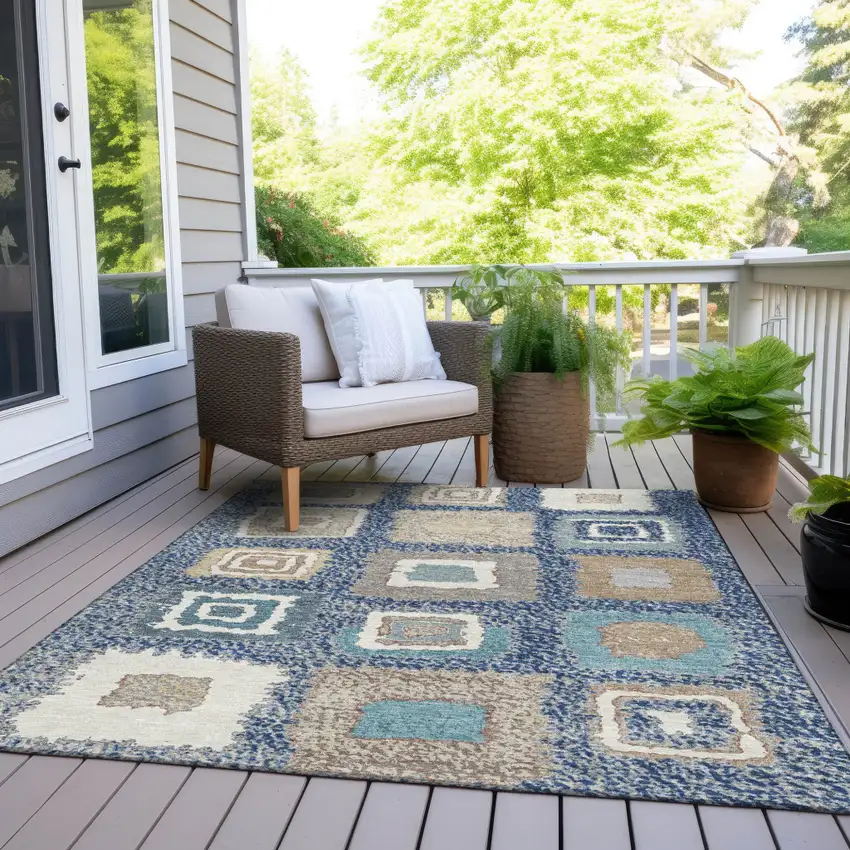 Navy Blue Beige And Ivory Geometric Washable Indoor Outdoor Area Rug Photo 8