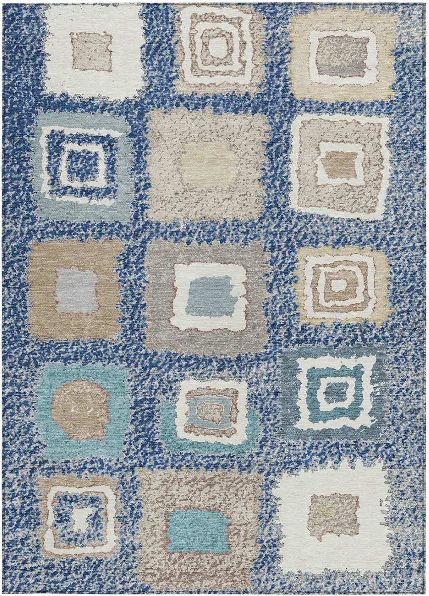 Navy Blue Beige And Ivory Geometric Washable Indoor Outdoor Area Rug Photo 3