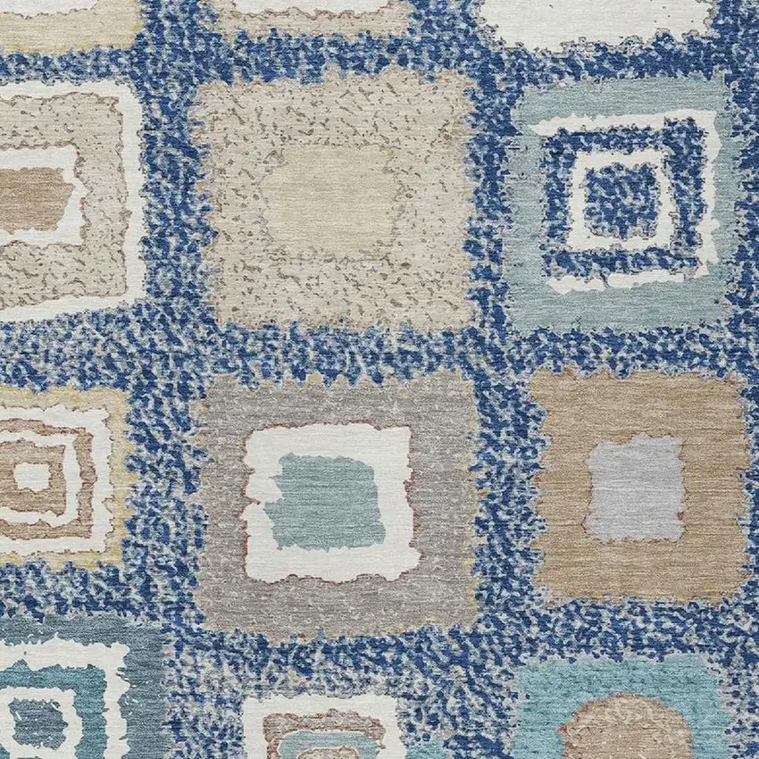 Navy Blue Beige And Ivory Geometric Washable Indoor Outdoor Area Rug Photo 7