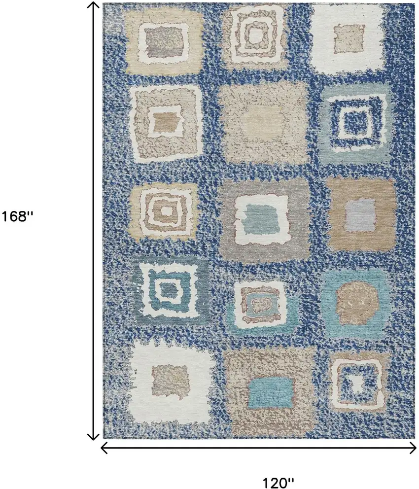 Navy Blue Beige And Ivory Geometric Washable Indoor Outdoor Area Rug Photo 9