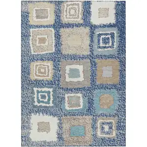 Photo of Navy Blue Beige And Ivory Geometric Washable Indoor Outdoor Area Rug