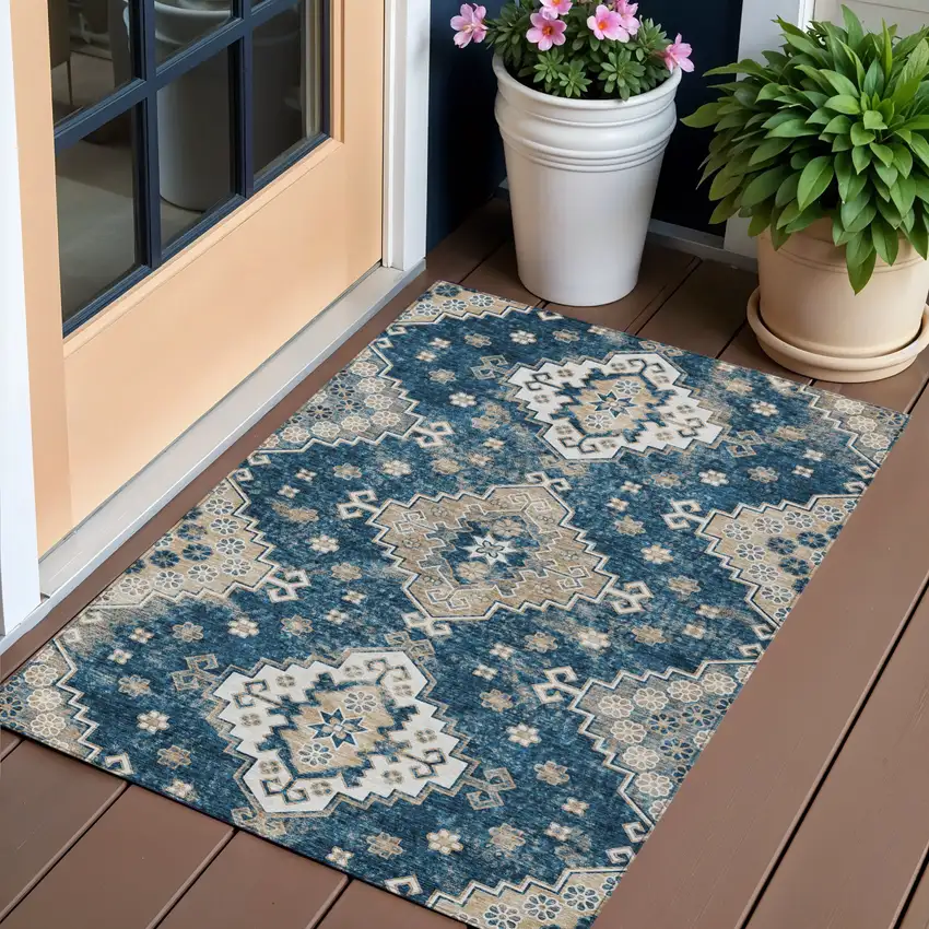 Navy Blue Beige And Ivory Medallion Washable Indoor Outdoor Area Rug Photo 1