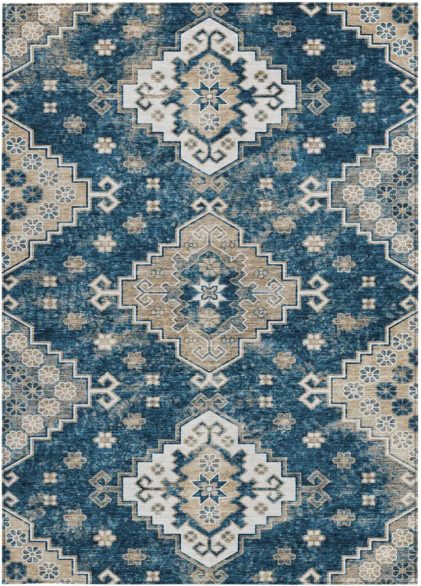 Navy Blue Beige And Ivory Medallion Washable Indoor Outdoor Area Rug Photo 8