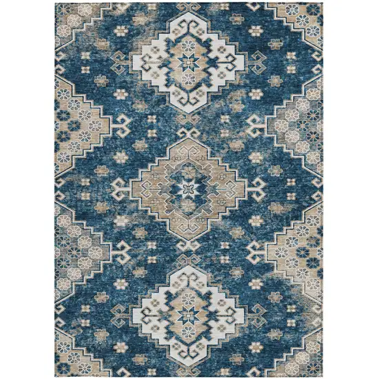 Navy Blue Beige And Ivory Medallion Washable Indoor Outdoor Area Rug Photo 8