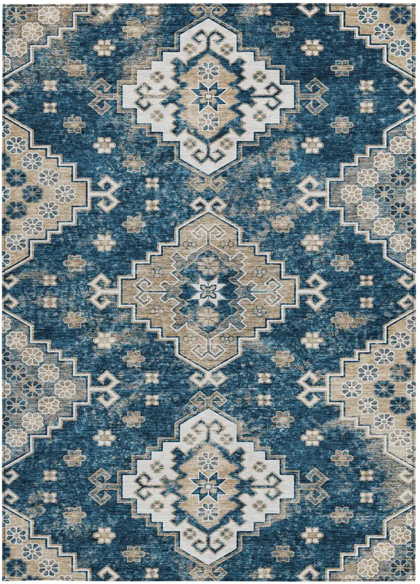 Navy Blue Beige And Ivory Medallion Washable Indoor Outdoor Area Rug Photo 8