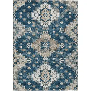 Photo of Navy Blue Beige And Ivory Medallion Washable Indoor Outdoor Area Rug