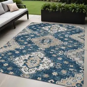 Photo of Navy Blue Beige And Ivory Medallion Washable Indoor Outdoor Area Rug