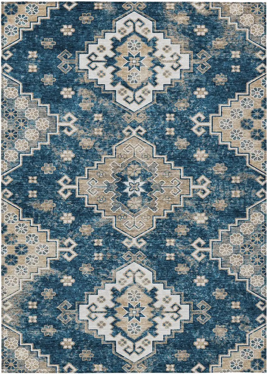 Navy Blue Beige And Ivory Medallion Washable Indoor Outdoor Area Rug Photo 2