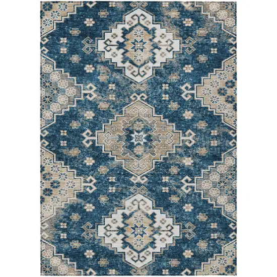Navy Blue Beige And Ivory Medallion Washable Indoor Outdoor Area Rug Photo 2