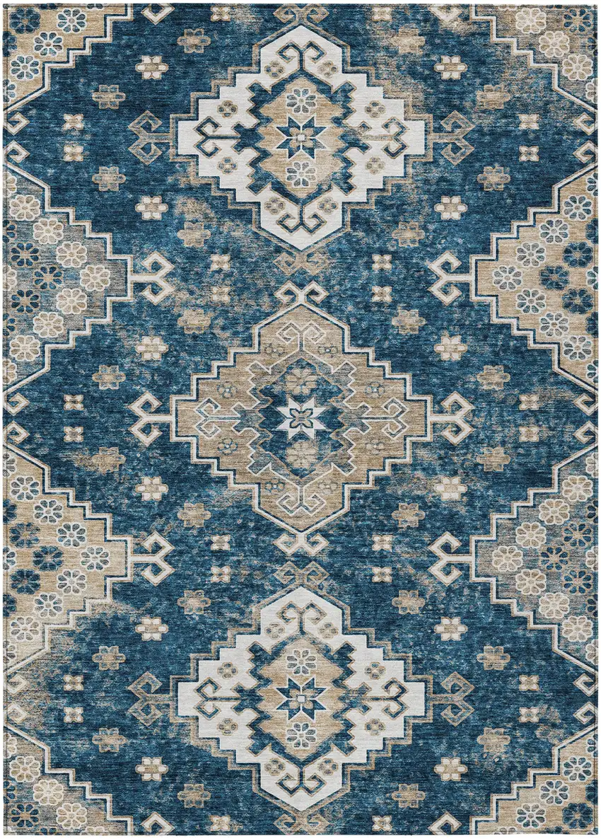 Navy Blue Beige And Ivory Medallion Washable Indoor Outdoor Area Rug Photo 2