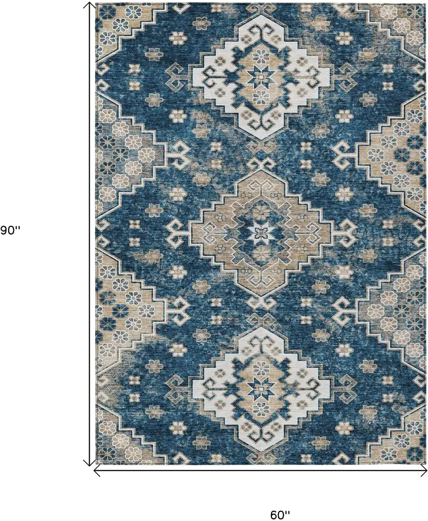 Navy Blue Beige And Ivory Medallion Washable Indoor Outdoor Area Rug Photo 3