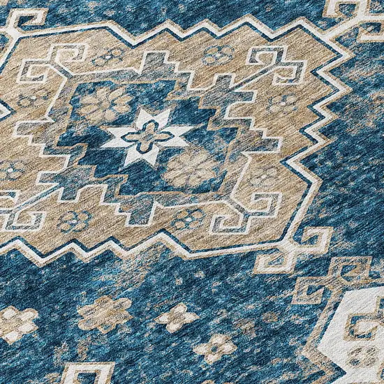 Navy Blue Beige And Ivory Medallion Washable Indoor Outdoor Area Rug Photo 6