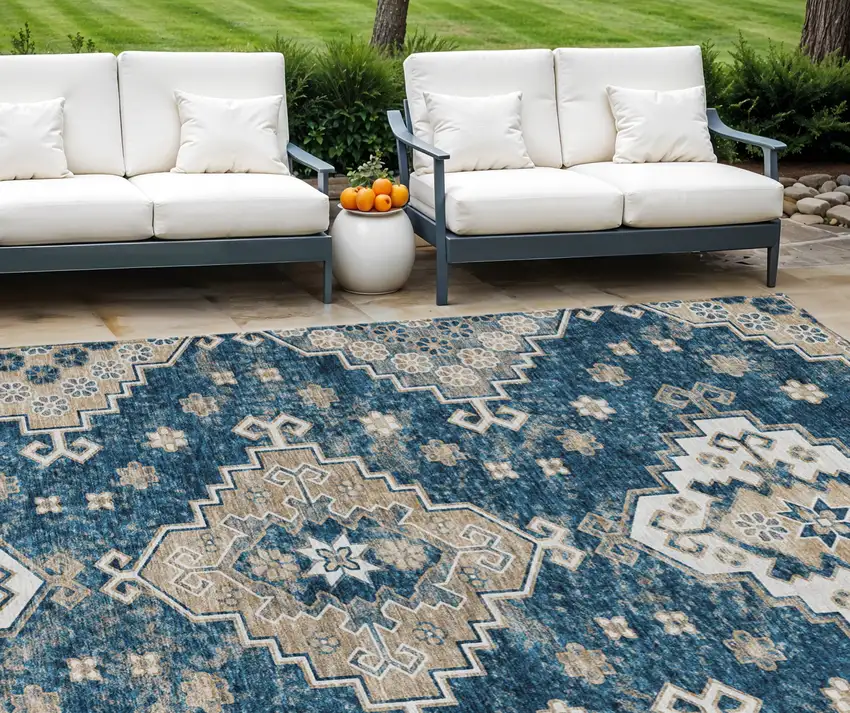 Navy Blue Beige And Ivory Medallion Washable Indoor Outdoor Area Rug Photo 1
